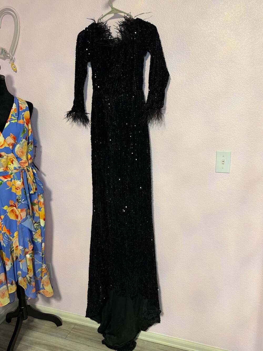 MISS ORD Sequin Feather Maxi Dress Size L Black Long Sleeve Evening Gown